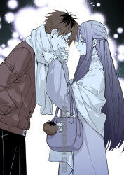 Rule 34 | 1boy, 1girl, bag, clenched teeth, closed eyes, fern (sousou no frieren), fingernails, from side, hair between eyes, hand in pocket, holding, holding bag, jacket, lm 0063, long hair, looking at another, purple hair, red hair, red jacket, short hair, sidelocks, smile, sousou no frieren, standing, stark (sousou no frieren), teeth