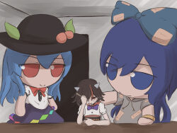 Rule 34 | 3girls, arm rest, black hair, black headwear, blank room soup, blue eyes, blue hair, blue skirt, bow, bowl, bowtie, chopsticks, closed mouth, commentary, cone horns, cowboy shot, crying, crying with eyes open, eating, elbow rest, english commentary, fumo (doll), grey hoodie, grey horns, hair bow, hat, highres, hinanawi tenshi, holding, holding chopsticks, hood, hood down, hoodie, horns, indoors, jitome, kijin seija, kokowoch, leaf hat ornament, long hair, looking at another, looking at viewer, meme, multicolored hair, multiple girls, open mouth, peach hat ornament, pink bow, pink bowtie, rainbow gradient, red bow, red bowtie, red eyes, red hair, shirt, short hair, short sleeves, skirt, smile, standing, streaked hair, tears, touhou, upper body, white shirt, yorigami shion