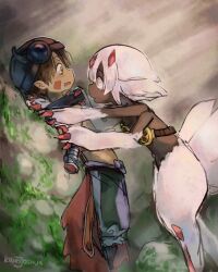 Rule 34 | 1boy, 1girl, artist name, blush, brown hair, cape, child, claws, commentary, commentary request, dark-skinned female, dark skin, extra arms, facial mark, faputa, fewer digits, furry, helmet, hetero, highres, kingjoshua, looking at another, made in abyss, mechanical arms, monster girl, moss, multiple tails, open mouth, pinned, pointy ears, regu (made in abyss), rock, short hair, tail, topless male, very dark skin, white fur, white hair