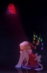 Rule 34 | 1girl, barefoot, blonde hair, blue background, bow, covering own mouth, flandre scarlet, hat, hat ribbon, head rest, highres, hugging own legs, knees to chest, looking at viewer, mipi, mob cap, moon, moonbeam, moonlight, puffy short sleeves, puffy sleeves, red eyes, red moon, reflection, reflective floor, ribbon, short hair, short sleeves, simple background, sitting, skirt, skirt set, solo, touhou, window, wings