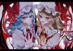Rule 34 | 2girls, absurdres, ascot, blonde hair, blood, blood on face, blood on hands, blue hair, fangs, flandre scarlet, hat, highres, katai (nekoneko0720), long hair, looking at viewer, mob cap, multiple girls, pink hat, pink shirt, pointy ears, red ascot, red eyes, red shirt, remilia scarlet, shirt, siblings, sisters, touhou, upper body, vampire, white background, white hat, wings, yellow ascot