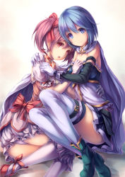 Rule 34 | 10s, 2girls, ankle boots, black gloves, blue eyes, blue hair, blush, boots, bow, bubble skirt, cape, choker, fal maro, gloves, hair bow, highres, kaname madoka, looking at viewer, magical girl, mahou shoujo madoka magica, mahou shoujo madoka magica (anime), miki sayaka, multiple girls, panties, pink eyes, pink hair, short hair, skirt, smile, thigh boots, thighhighs, twintails, underwear, wavy mouth, white gloves, white legwear, white panties