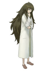 Rule 34 | 1girl, beige dress, black hair, blunt bangs, brown footwear, closed mouth, flipped hair, full body, green eyes, hand on own chin, hand on own elbow, highres, hiyajou maho, lab coat, loafers, long hair, long sleeves, looking to the side, menomorute, messy hair, shoes, sidelocks, simple background, solo, standing, steins;gate, steins;gate 0, thick eyebrows, very long hair, white background