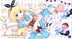 Rule 34 | 1girl, :d, alice (alice in wonderland), alice in wonderland, animal, apron, argyle, argyle background, argyle clothes, black footwear, black ribbon, blonde hair, blue dress, blue eyes, blush, breasts, card, commentary request, dress, food, frilled apron, frilled dress, frills, hair between eyes, hair ribbon, heart, layered sleeves, long hair, long sleeves, looking at viewer, macaron, mary janes, medium breasts, mitha, open mouth, outstretched arm, pantyhose, pennant, playing card, puffy short sleeves, puffy sleeves, rabbit, ribbon, shoes, short over long sleeves, short sleeves, smile, spade (shape), string of flags, striped clothes, striped thighhighs, thighhighs, very long hair, white apron, white rabbit (alice in wonderland)