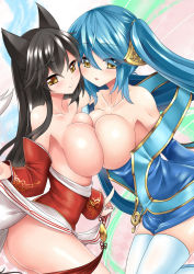 Rule 34 | 2girls, :o, ahri (league of legends), animal ears, ass, bare shoulders, black hair, blue hair, blush, breast press, breasts, detached sleeves, fox ears, fox tail, hair ornament, highres, large breasts, league of legends, long hair, looking at viewer, miyuki rei, multiple girls, multiple tails, smile, sona (league of legends), symmetrical docking, tail, thighhighs, twintails, white legwear, yellow eyes, yuri