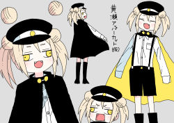 Rule 34 | 1girl, :3, ^ ^, abe tomomi, black cloak, black footwear, black headwear, black shorts, blonde hair, blush, blush stickers, boots, breast pocket, buttons, character name, cloak, closed eyes, collared shirt, double bun, fang, fangs, female focus, flat chest, from behind, full body, garagurogaragero, grey background, hair bun, happy, hat, highres, japanese text, kise uppercut, knee boots, long sleeves, looking at viewer, looking back, multiple views, open mouth, pale skin, peaked cap, pocket, school uniform, shirt, shirt tucked in, short hair, shorts, sidelocks, simple background, sleeves past fingers, sleeves past wrists, smile, standing, suspender shorts, suspenders, translated, twintails, two-sided cloak, two-sided fabric, upper body, v-shaped eyebrows, wall-eyed, white shirt, yellow cloak