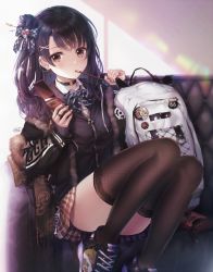 Rule 34 | 1girl, ass, backpack, bad id, bad pixiv id, bag, black coat, black footwear, black hair, black thighhighs, blue blood moon, bow, breasts, brown eyes, brown skirt, cellphone, checkered bow, checkered clothes, choker, coat, couch, ear piercing, eating, expressionless, food, hair bow, hair bun, hair ornament, holding, holding phone, long hair, long sleeves, looking at viewer, medium breasts, nintendo, original, phone, piercing, pocky, shoes, single hair bun, sitting, skirt, sneakers, solo, the legend of zelda, thighhighs, triforce, uniform, x hair ornament