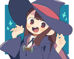 Rule 34 | 1girl, :d, arms up, asymmetrical bangs, blue background, blue dress, blush, brown eyes, brown hair, dress, hat, highres, kagari atsuko, little witch academia, long hair, looking at viewer, luna nova school uniform, nakkasu, open mouth, round teeth, school, school uniform, smile, solo, star-shaped pupils, star (symbol), symbol-shaped pupils, teeth, upper body, upper teeth only, wide sleeves, witch, witch hat