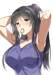 Rule 34 | 1girl, aldehyde, armpits, arms behind head, arms up, black hair, blue shirt, blush, breasts, commentary request, hair over breasts, hair tie, hair tie in mouth, highres, large breasts, long hair, mature female, mouth hold, neeko&#039;s mother, red eyes, shirt, simple background, sleeveless, sleeveless shirt, solo, sweat, tying hair, upper body, white background