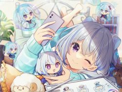 Rule 34 | 1girl, barefoot, blue hair, blush, bubble, cellphone, character doll, earphones, grey hair, highres, holding, holding phone, iriam, long sleeves, looking at viewer, lying, miria (iriam), multicolored hair, on bed, on stomach, one eye closed, phone, purple eyes, selfie, shirase (shirose), short hair, smartphone, smile, solo, streaked hair, stuffed animal, stuffed sheep, stuffed toy, stylus, tablet pc, teddy bear, virtual youtuber
