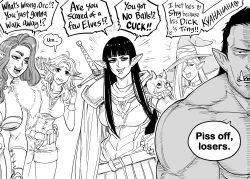 Rule 34 | 1boy, 4girls, absurdres, bb (baalbuddy), black hair, blonde hair, brown hair, elf, english text, hat, highres, long hair, looking at another, multiple girls, orc, original, pointy ears, smug, speech bubble, wizard hat