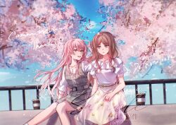 Rule 34 | 2girls, absurdres, bang dream!, bang dream! it&#039;s mygo!!!!!, belt, belt buckle, blue eyes, breasts, brown hair, buckle, cherry blossoms, chihaya anon, collarbone, commentary, commission, cup, day, disposable cup, dress, english text, falling petals, floating hair, frilled shirt, frills, grey belt, grey dress, grey eyes, hair between eyes, highres, jewelry, long hair, looking at another, medium breasts, multiple girls, muonrei00, nagasaki soyo, necklace, open mouth, outdoors, parted lips, petals, pinafore dress, pink hair, puffy short sleeves, puffy sleeves, railing, sample watermark, shirt, short sleeves, sidelocks, sitting, skirt, sleeveless, sleeveless dress, sleeves past elbows, teeth, upper teeth only, watermark, white shirt, white skirt