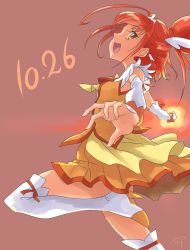 Rule 34 | 1girl, :d, ahoge, arm warmers, boots, brown background, chocokin, cropped legs, cure sunny, dated, fire, hair bun, hino akane (smile precure!), magical girl, open mouth, orange eyes, orange hair, orange skirt, precure, profile, short hair, sideways mouth, simple background, single hair bun, skirt, smile, smile precure!, solo, standing, standing on one leg, thigh boots, thighhighs, white footwear, zettai ryouiki