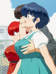 Rule 34 | 2girls, arms up, black shirt, blouse, blue hair, breasts, building, day, dress, embarrassed, fence, from side, fuurinkan high school uniform, grabbing, grabbing another&#039;s breast, highres, large breasts, mage (harumagedon), motion blur, multiple girls, open mouth, outdoors, ranma-chan, ranma 1/2, red hair, school uniform, shirt, short hair, short sleeves, sky, tendou akane, white shirt, wide-eyed