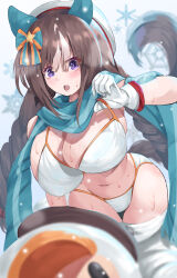 Rule 34 | 1girl, absurdres, alternate costume, animal ears, bikini, blue scarf, blush, bonkareohagi, braid, breasts, brown hair, cleavage, commentary request, cowboy shot, ear covers, gloves, highres, hokko tarumae (umamusume), horse ears, horse girl, horse tail, large breasts, long hair, looking at viewer, low twin braids, multicolored hair, open mouth, purple eyes, scarf, solo, strap pull, streaked hair, sweat, swimsuit, tail, teeth, thighhighs, tomachop, twin braids, umamusume, upper teeth only, very long hair, white bikini, white gloves, white headwear, white thighhighs