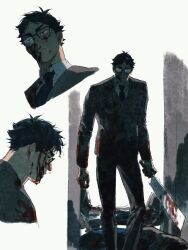 Rule 34 | 1boy, akaashi keiji, alley, black eyes, black hair, black necktie, blood, blood on clothes, blood on face, blood on hands, bloody weapon, chengongzi123, closed mouth, collared shirt, commentary, corpse, feet out of frame, formal, glasses, green background, haikyuu!!, highres, long sleeves, looking at viewer, machete, male focus, murder, necktie, outdoors, portrait, shirt, short hair, standing, suit, symbol-only commentary, very short hair, walking, weapon