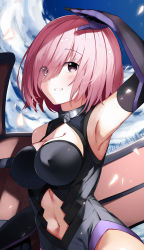 Rule 34 | 1girl, arm up, armored leotard, bare shoulders, black gloves, black leotard, blue sky, blush, breasts, clothing cutout, cloud, covered erect nipples, day, elbow gloves, eyes visible through hair, fate/grand order, fate (series), gloves, hair over one eye, highres, large breasts, leotard, mash kyrielight, navel, navel cutout, niii (memstapak), outdoors, parted lips, pink hair, red eyes, short hair, sky, solo