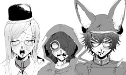 Rule 34 | 1girl, 2boys, animal ear fluff, animal ears, bleeding, blood, bruise, cabbie hat, closed eyes, collared shirt, commentary request, facing viewer, feathers, furrowed brow, glasses, greyscale, hair between eyes, hair over one eye, hat, highres, hood, hood up, in pain, injury, long hair, martina electro, master detective archives: rain code, messy hair, monochrome, multiple boys, na 6, no pupils, nosebleed, seth burroughs, shirt, short hair, smile, sweat, tooth gap, upper body, white eyes, wide-eyed, zilch alexander