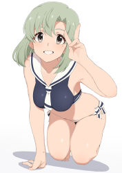 Rule 34 | 1girl, all fours, arm support, black one-piece swimsuit, bow, breasts, check commentary, collarbone, commentary request, green hair, grey eyes, grin, hand up, highres, idolmaster, idolmaster million live!, light blush, looking at viewer, medium breasts, mole, mole under eye, nanakura nanane, neckerchief, one-piece swimsuit, sailor collar, sailor swimsuit (idolmaster), shiika (idolmaster), short hair, smile, solo, stomach, swimsuit, teeth, thighs, v, white background, white neckerchief, white sailor collar
