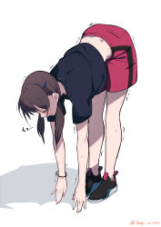 Rule 34 | 1girl, absurdres, bent over, black footwear, black shirt, blue panties, bracelet, brown hair, commentary request, fami (yellow skies), full body, hair ornament, hairclip, hands on floor, highres, jewelry, long hair, low twintails, medium hair, original, panties, panty peek, red shorts, shirt, shoes, short sleeves, shorts, simple background, sneakers, solo, stretching, t-shirt, twintails, twitter username, underwear, white background