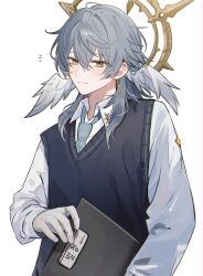 Rule 34 | 1boy, a20190422, black sweater vest, blue necktie, blush, closed mouth, collared shirt, commentary request, crossed bangs, dress shirt, earrings, feathered wings, folder, gloves, gold earrings, grey hair, hair between eyes, halo, halo behind head, hand up, head wings, highres, holding, holding folder, honkai: star rail, honkai (series), jewelry, long sleeves, looking at viewer, male focus, medium hair, necktie, notice lines, ring, shirt, sidelocks, simple background, smile, solo, sunday (honkai: star rail), sweater vest, white background, white gloves, white shirt, white wings, wing collar, wings, yellow eyes