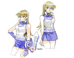 Rule 34 | 203wolves, :d, arms behind back, bare arms, blonde hair, blue gloves, blue skirt, breasts, brown eyes, closed mouth, cowboy shot, cropped legs, duel academy uniform (yu-gi-oh! gx), duel disk, fingerless gloves, gloves, hair between eyes, hand on own hip, highres, long hair, medium breasts, miniskirt, open mouth, shirt, simple background, sketch, skirt, sleeveless, sleeveless shirt, smile, standing, straight hair, tenjouin asuka, very long hair, white background, white shirt, yu-gi-oh!, yu-gi-oh! gx