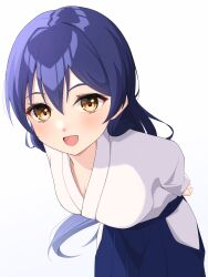 Rule 34 | 1girl, absurdres, arms behind back, blue hair, blush, commentary request, highres, japanese clothes, leaning forward, long hair, looking at viewer, love live!, love live! school idol project, open mouth, samesuke (315samesuke), simple background, smile, solo, sonoda umi, upper body, white background, yellow eyes