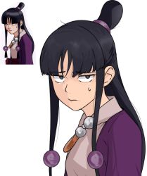 1girl ace_attorney black_eyes black_hair blunt_bangs closed_mouth collared_shirt commentary english_commentary long_hair loose_hair_strand maya_fey multiple_views official_art_inset pink_shirt shirt simple_background sweat tavi_(hosheezus) topknot unamused white_background