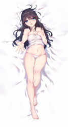 Rule 34 | 1girl, absurdres, bare legs, bare shoulders, barefoot, black hair, blue eyes, breasts, cameltoe, crop top, dakimakura (medium), feet, full body, gluteal fold, hand on own chest, highres, long hair, long legs, looking at viewer, lying, medium breasts, messy hair, navel, on back, open mouth, original, outstretched hand, panties, parted lips, see-through, smile, solo, string panties, toes, underwear, yuwan 2333