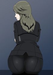 Rule 34 | 10s, 1girl, ass, black eyes, brown hair, formal, from behind, huge ass, long hair, looking back, niijima sae, pants, pantylines, persona, persona 5, sitting, solo, suit, tight clothes, tight pants, yororon