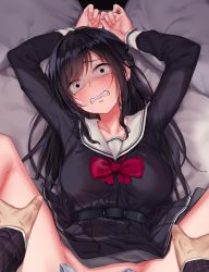 Rule 34 | 1boy, 1girl, absurdres, arms up, bad id, bad twitter id, belt, black hair, black shirt, black skirt, blush, bow, bowtie, breasts, breasts apart, clenched teeth, commentary request, convenient censoring, grin, groin, head tilt, highres, jack dempa, large breasts, leg hold, long hair, long sleeves, looking at viewer, lying, mole, mole under eye, on back, original, panties, unworn panties, pleated skirt, purple eyes, red neckwear, sailor collar, scared, school uniform, serafuku, shirt, skirt, smile, solo focus, spread legs, sweat, tearing up, teeth, thighs, underwear