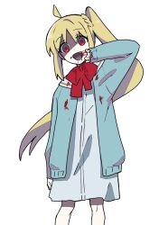 Rule 34 | 1girl, ahoge, blonde hair, blood, blood on clothes, blood on face, blue cardigan, bocchi the rock!, bow, bowtie, cardigan, commentary request, crazy smile, dress, empty eyes, fangs, feet out of frame, grey dress, hand up, ijichi nijika, long hair, looking at viewer, open cardigan, open clothes, pinching sleeves, red bow, red bowtie, red eyes, sailor collar, shaded face, short dress, side ponytail, simple background, smile, solo, standing, straight-on, totobe, vampire, very long hair, white background, white sailor collar, wiping mouth