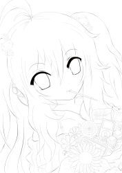 Rule 34 | 1girl, absurdres, bad id, bad pixiv id, digital media player, flower, greyscale, highres, ipod, kuroneko (fragrant olive), lineart, long hair, looking at viewer, monochrome, original, solo