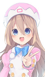 Rule 34 | 1girl, :d, blue bow, blue bowtie, blue eyes, blush, bow, bowtie, brown hair, buran buta, buttons, coat, double-breasted, fur-trimmed coat, fur trim, hair between eyes, hand up, happy, hat, highres, long hair, looking at viewer, neptune (series), open mouth, pink coat, pink hat, pom pom (clothes), ram (neptunia), simple background, smile, solo, upper body, v, very long hair, white background