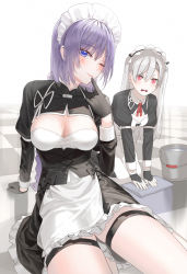 Rule 34 | 2girls, apron, black bow, black bowtie, black gloves, blue eyes, blush, bow, bowtie, breasts, bridal garter, cleavage, frilled apron, frills, gloves, grey hair, highres, kfr, large breasts, light purple hair, long hair, looking at viewer, maid, maid apron, maid headdress, multiple girls, neck ribbon, original, pink eyes, red ribbon, ribbon, smile, thigh strap