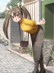 Rule 34 | 1girl, absurdres, alternate costume, arms behind back, bag, bicycle, black eyes, black footwear, black pantyhose, black skirt, black thighhighs, blush, cafe, casual, from side, green hair, hair ribbon, handbag, highres, honmakaina kudou, kantai collection, long hair, long skirt, looking at viewer, looking to the side, menu board, open mouth, outdoors, pantyhose, path, ribbon, road, shoes, skirt, solo, sweater, thighhighs, twintails, wall, white ribbon, yellow sweater, zuikaku (kancolle)