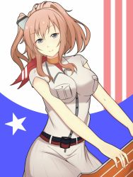 Rule 34 | 10s, 1girl, ardinassau, belt, blue eyes, breasts, brown hair, closed mouth, commentary request, eyebrows, hair between eyes, head tilt, highres, kantai collection, large breasts, long hair, looking at viewer, neckerchief, saratoga (kancolle), smile, solo, star (symbol), star print
