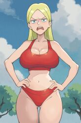 Rule 34 | 1girl, angry, bare shoulders, blonde hair, blue eyes, blue sky, breasts, buruma, cleavage, cloud, collarbone, cowboy shot, day, gluteal fold, hands on own hips, highres, hilling (ousama ranking), large breasts, long hair, navel, open mouth, ousama ranking, parted bangs, red buruma, sky, sleeveless, solo, sports bra, sportswear, standing, stealth brock, teeth, tree, upper teeth only