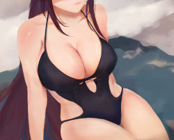 Rule 34 | 1girl, arm support, bare arms, bare legs, bare shoulders, black one-piece swimsuit, breasts, casual one-piece swimsuit, cleavage, cleavage cutout, closed mouth, clothing cutout, collarbone, commentary request, covered navel, curvy, covered erect nipples, expressionless, facing viewer, head out of frame, highres, large breasts, lips, long hair, ocean, one-piece swimsuit, original, outdoors, purple hair, side cutout, sideboob, sitting, solo, straight hair, swimsuit, underboob, very long hair