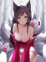 Rule 34 | 1girl, ahoge, ahri (league of legends), animal ears, blurry, blurry background, blush, breasts, brown eyes, brown hair, cleavage, closed mouth, commentary, commission, dduck kong, depth of field, detached sleeves, facial mark, fox ears, fox girl, fox tail, kitsune, league of legends, long hair, long sleeves, medium breasts, multiple tails, no shoes, outdoors, sitting, skirt, smile, snow, snow on head, solo, strapless, tail, tree, very long hair, wariza, whisker markings, white legwear, white skirt