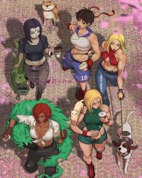 Rule 34 | 5girls, 5others, abs, adapted costume, animal, animal on shoulder, animalization, ayaki blade, baozi, beagle, beast boy (dc), black choker, black hair, blonde hair, blue eyes, blue mary, breasts, brown hair, burger, cammy white, casual, cat, cat on shoulder, cherry blossoms, choker, collarbone, commentary, commentary request, covered abs, criss-cross halter, crop top, cropped hoodie, crossover, cup, dark-skinned female, dark skin, dc comics, disposable coffee cup, disposable cup, dog, english commentary, fingerless gloves, food, from above, front-tie top, giovanna (guilty gear), gloves, guilty gear, guilty gear strive, hair over one eye, halterneck, highres, holding, holding food, holding leash, hood, hoodie, kasugano sakura, large breasts, leash, medium breasts, midriff, mixed-language commentary, multiple crossover, multiple girls, multiple others, muscular, muscular female, narrow waist, no bra, parted hair, pet walking, raven (dc), red gloves, red hair, rei (guilty gear), sandwich, selfie stick, shiba inu, short hair, shorts, sleeveless, street fighter, street fighter zero (series), teen titans, the king of fighters, underwear writing, walking, wolf