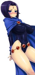 Rule 34 | 1girl, blue eyes, blush, bodysuit, breasts, cameltoe, cape, cloak, covered erect nipples, dc comics, gloves, highres, large areolae, large breasts, legs, nipples, onomeshin, pout, puffy nipples, purple hair, raven (dc), short hair, simple background, solo, standing, teen titans, white background