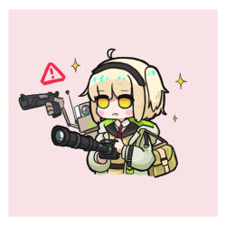 Rule 34 | 1girl, :d, ahoge, arknights, bag, black hairband, black sailor collar, blonde hair, blush stickers, brown shirt, camera, chibi, collared shirt, cropped torso, daoshi niang lan er, gun, hairband, holding, holding camera, holding gun, holding weapon, jacket, long sleeves, necktie, one side up, open clothes, open jacket, open mouth, pink background, puffy long sleeves, puffy sleeves, red necktie, robot, sailor collar, scene (arknights), shirt, sign, simple background, smile, solo, sparkle, upper body, warning sign, weapon, white jacket, white shirt, yellow eyes