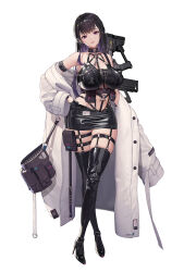 Rule 34 | 1girl, absurdres, bare shoulders, black hair, boots, breasts, buttons, chain, coat, collar, commentary request, earrings, explosive, full body, garter straps, gloves, goddess of victory: nikke, grenade, hand on own hip, head tilt, high heels, highres, holster, id card, jewelry, large breasts, lips, long hair, long sleeves, looking at viewer, midriff, mihara (nikke), miniskirt, o-ring, off shoulder, official art, parted lips, purple eyes, shiny clothes, shiny skin, simple background, skirt, smile, solo, standing, thigh boots, thigh holster, thighhighs, thighs, weapon, weapon on back, white background, yoya yogurt, zettai ryouiki
