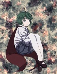 Rule 34 | 1girl, abstract background, black cape, black footwear, black shorts, cape, chisa yasunaga, closed mouth, collared shirt, commentary request, expressionless, flat chest, full body, green eyes, green hair, hugging own legs, juliet sleeves, long sleeves, looking afar, mary janes, pantyhose, puffy sleeves, red cape, shirt, shoes, short hair, shorts, solo, swept bangs, touhou, two-sided cape, two-sided fabric, white pantyhose, white shirt, wriggle nightbug