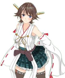 Rule 34 | 1girl, absurdres, boots, brown hair, commentary request, cowboy shot, detached sleeves, flipped hair, green skirt, grey eyes, hairband, headgear, hiei (kancolle), highres, kantai collection, looking at viewer, nitamako (sakamalh), plaid, plaid skirt, ribbon-trimmed sleeves, ribbon trim, short hair, simple background, skirt, smile, solo, thigh boots, thighhighs, white background