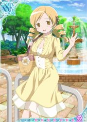 Rule 34 | 10s, 1girl, alternate costume, artist request, bag, blonde hair, blue sky, blush, breasts, card (medium), casual, cleavage, day, dress, drill hair, fountain, hair ornament, hairpin, long hair, looking at viewer, mahou shoujo madoka magica, mahou shoujo madoka magica plus, official art, park, sky, smile, solo, tomoe mami, trading card, tree, twin drills, twintails, waving, yellow dress, yellow eyes