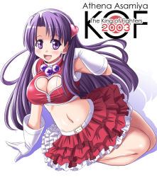 Rule 34 | 1girl, asamiya athena, blush, breasts, cleavage, cleavage cutout, clothing cutout, english text, female focus, full body, gloves, gradient background, hairband, heart cutout, large breasts, long hair, midriff, navel, open mouth, purple eyes, purple hair, skirt, smile, snk, solo, the king of fighters, the king of fighters 2003, tonpuu, white background