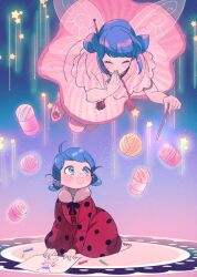 Rule 34 | 2girls, aged down, blue eyes, blue hair, child, closed eyes, dress, fairy, fairy wings, highres, jacket, magic, marinette dupain-cheng, miraculous ladybug, multiple girls, open mouth, pink dress, red jacket, seio (nao miragggcc45), sitting, smile, star (symbol), thread, wings, wool