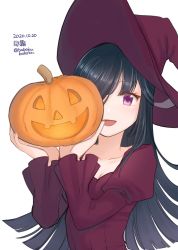 Rule 34 | 1girl, alternate costume, black hair, bobokuboboku, character name, dated, dress, hair over one eye, hayashimo (kancolle), highres, hime cut, jack-o&#039;-lantern, kantai collection, long hair, one-hour drawing challenge, purple dress, purple eyes, simple background, smile, solo, twitter username, upper body, very long hair, white background